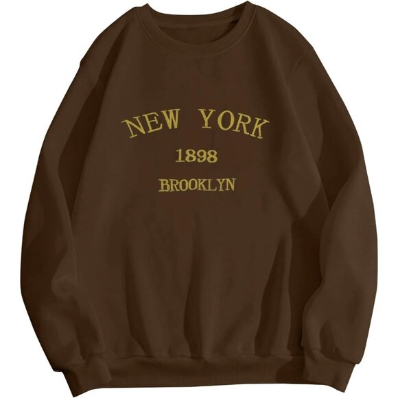 ⚡Women Brown New York 1898 Imported Graphic Crewneck Long Sleeve Sweatshirt - Picture 1 of 5